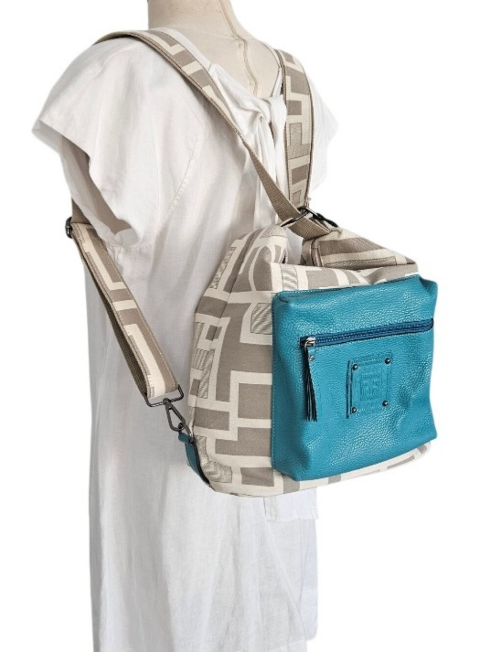 Forest Canvas Geo-Pattern Backpack -Sholder Bag with Teal Leather Pocket - Picture 1 of 16